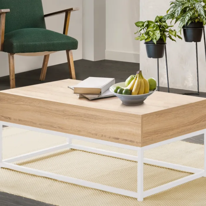Table basse industrielle blanche et bois avec plateau relevable