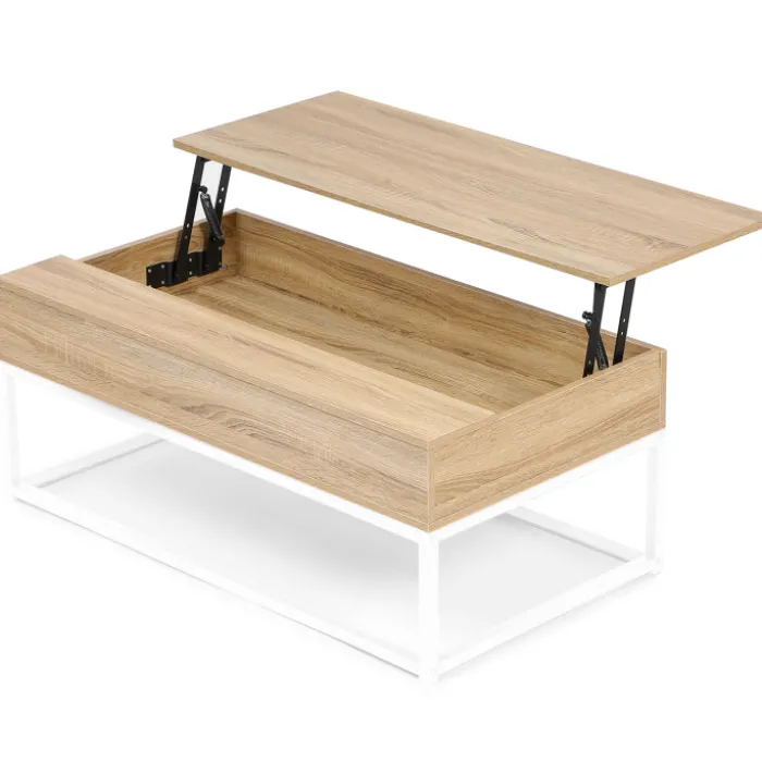 Table basse industrielle blanche et bois avec plateau relevable