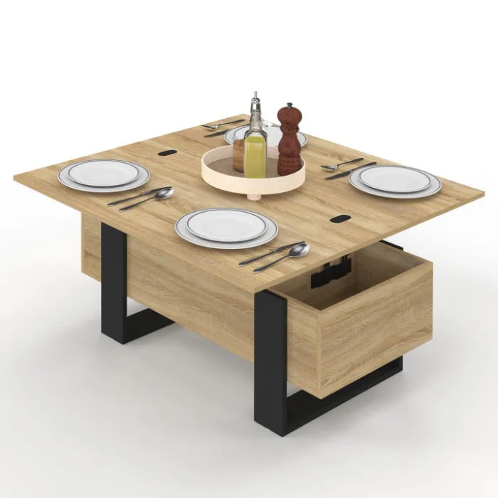 Table basse industrielle convertible en table à manger bois et noir