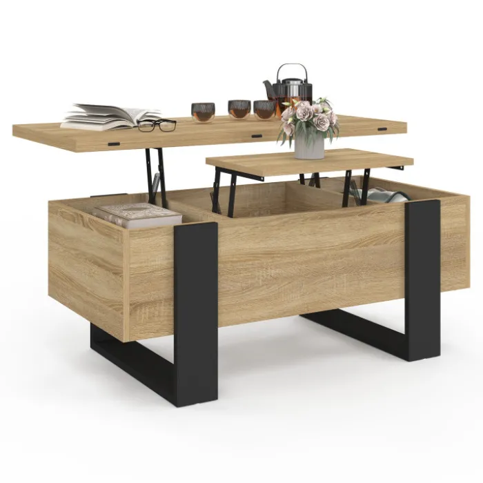 Table basse industrielle convertible en table à manger bois et noir