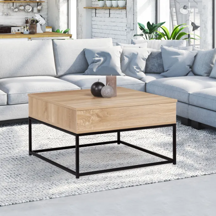 Table basse industrielle carrée avec plateau relevable