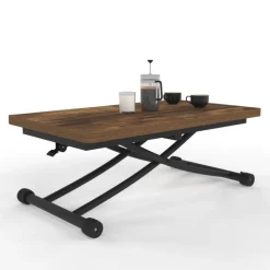 Table basse industrielle relevable bois foncé et noir