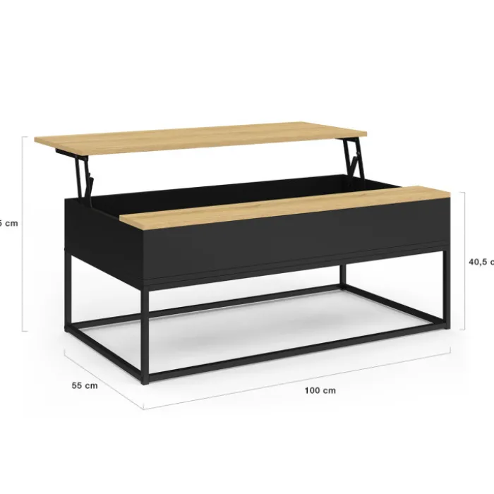 Table basse noire style industriel avec plateau relevable en bois façon hêtre