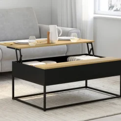 Table basse noire style industriel avec plateau relevable en bois façon hêtre
