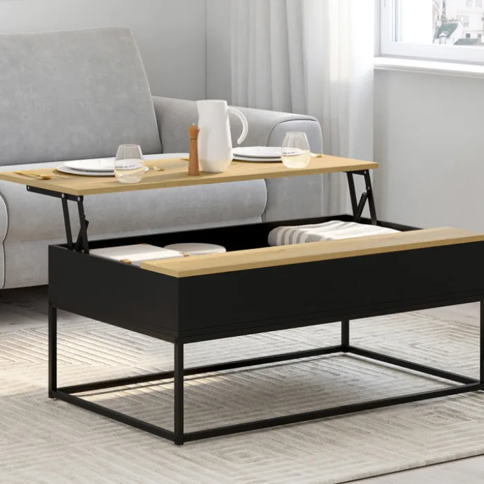 Table basse noire style industriel avec plateau relevable en bois façon hêtre