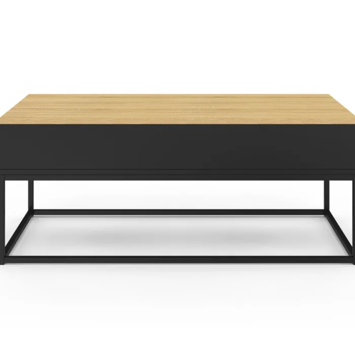 Table basse noire style industriel avec plateau relevable en bois façon hêtre