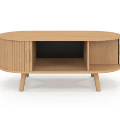Table basse ovale 100 cm 2 portes coulissantes lattes tasseau bois coloris chêne