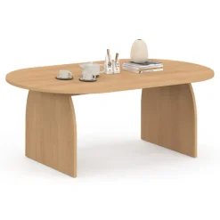 Table basse ovale pied central bois effet hêtre 110 cm