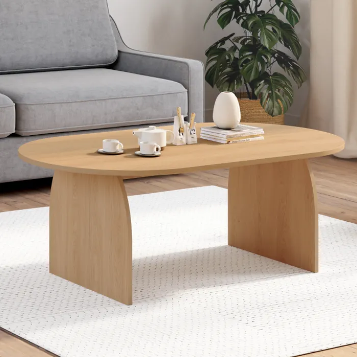 Table basse ovale pied central bois effet hêtre 110 cm