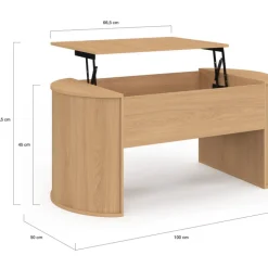 Table basse ovale plateau relevable 100 cm bois façon hêtre design arrondi