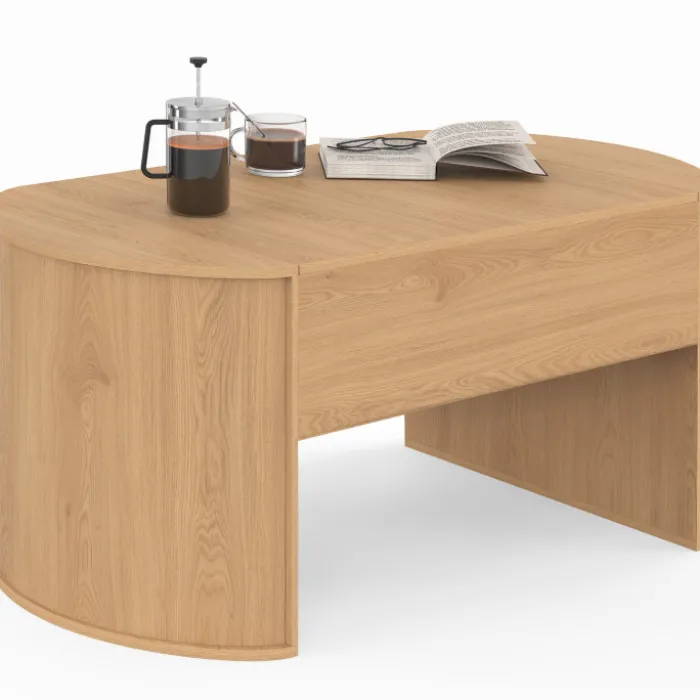 Table basse ovale plateau relevable 100 cm bois façon hêtre design arrondi