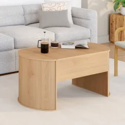 Table basse ovale plateau relevable 100 cm bois façon hêtre design arrondi