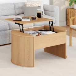 Table basse ovale plateau relevable 100 cm bois façon hêtre design arrondi