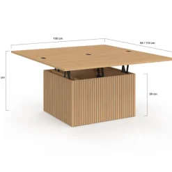 Table basse plateau relevable rectangulaire convertible en table à manger 100 cm effet lattes tasseau bois