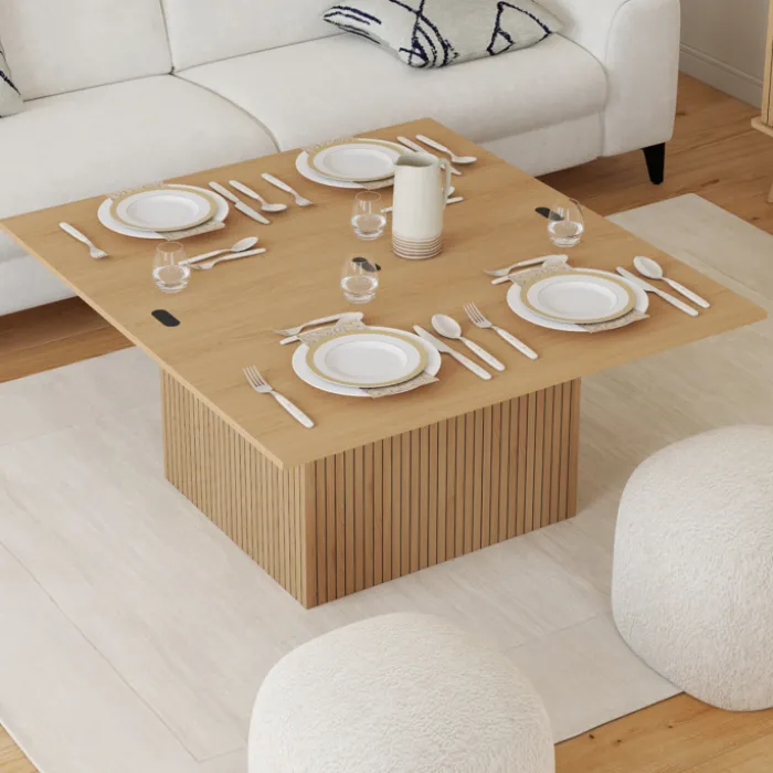 Table basse plateau relevable rectangulaire convertible en table à manger 100 cm effet lattes tasseau bois