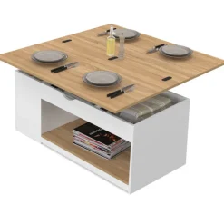 Table basse plateau relevable rectangulaire convertible en table à manger 100 cm bois blanc et façon hêtre