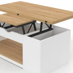 Table basse plateau relevable rectangulaire convertible en table à manger 100 cm bois blanc et façon hêtre