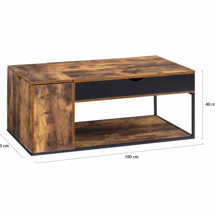 Table basse plateau relevable style industriel effet bois vieilli