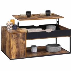 Table basse plateau relevable style industriel effet bois vieilli