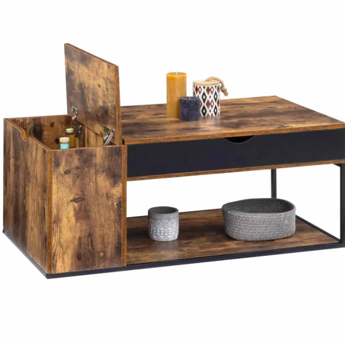 Table basse plateau relevable style industriel effet bois vieilli