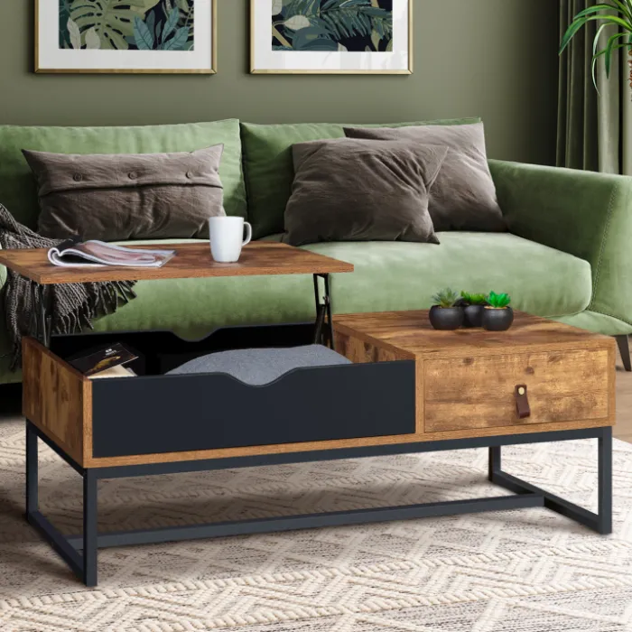 Table basse plateau relevable style industriel 1 tiroir