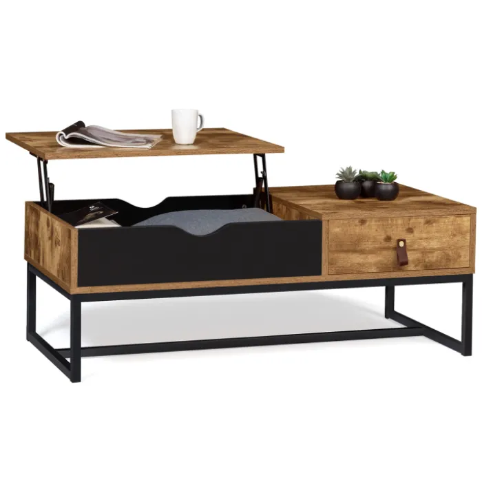 Table basse plateau relevable style industriel 1 tiroir