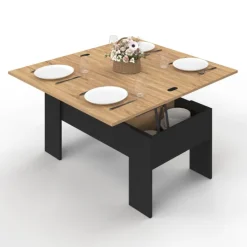 Table basse plateau relevable rectangulaire bois noir et imitation hêtre