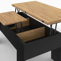 Table basse plateau relevable rectangulaire bois noir et imitation hêtre