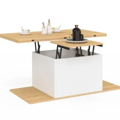Table basse plateau relevable rectangulaire convertible en table à manger 100 cm bois et blanc avec poufs
