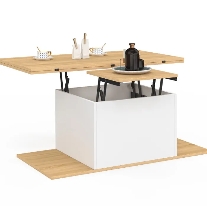 Table basse plateau relevable rectangulaire convertible en table à manger 100 cm bois et blanc avec poufs