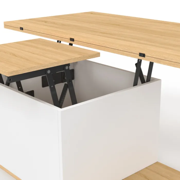 Table basse plateau relevable rectangulaire convertible en table à manger 100 cm bois et blanc avec poufs