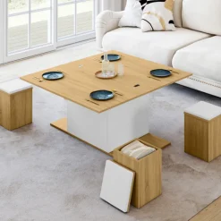 Table basse plateau relevable rectangulaire convertible en table à manger 100 cm bois et blanc avec poufs