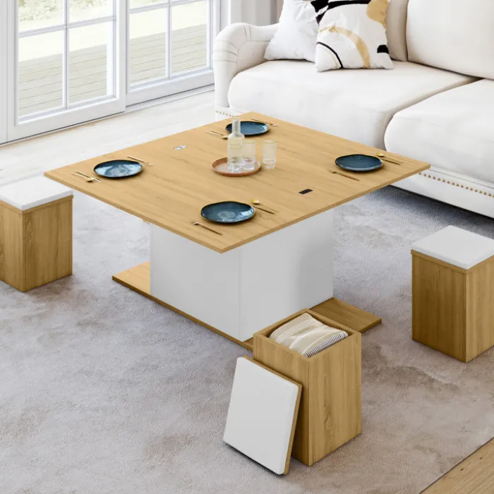 Table basse plateau relevable rectangulaire convertible en table à manger 100 cm bois et blanc avec poufs