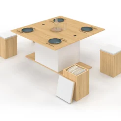 Table basse plateau relevable rectangulaire convertible en table à manger 100 cm bois et blanc avec poufs