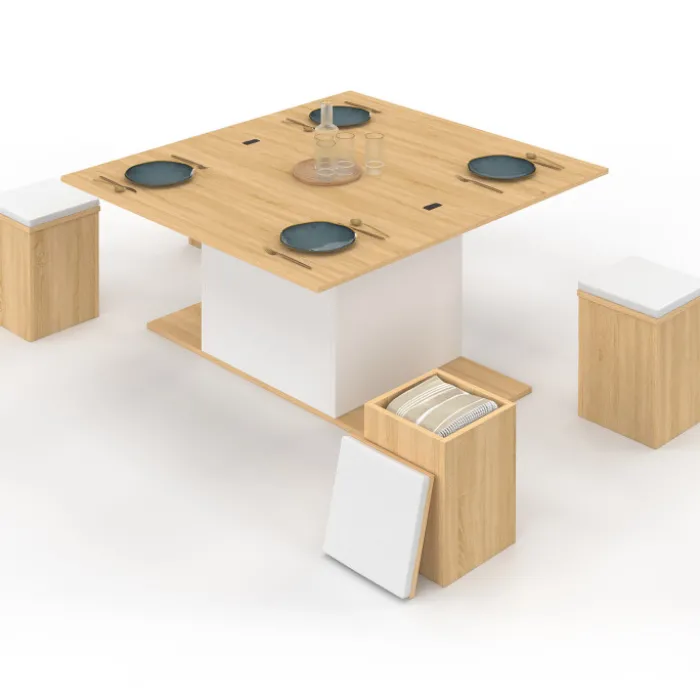 Table basse plateau relevable rectangulaire convertible en table à manger 100 cm bois et blanc avec poufs