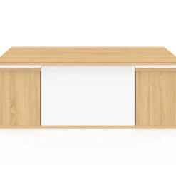 Table basse plateau relevable rectangulaire convertible en table à manger 100 cm bois et blanc avec poufs