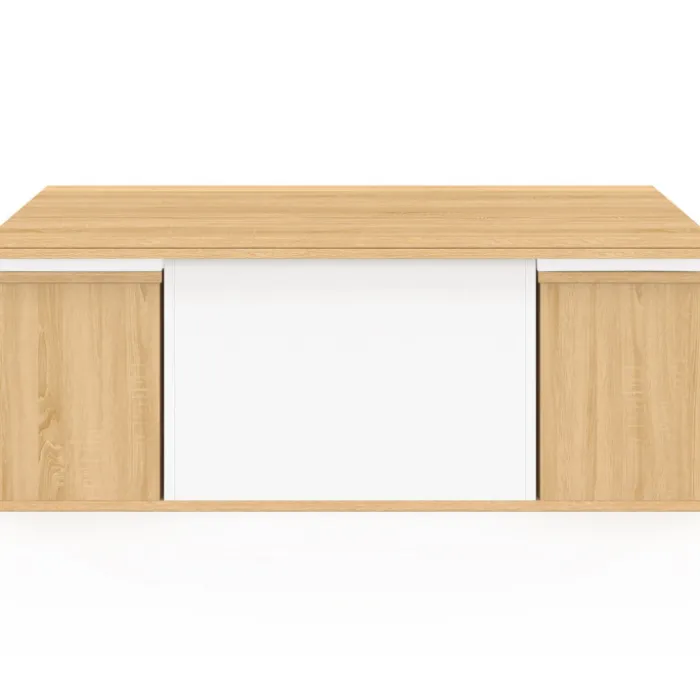 Table basse plateau relevable rectangulaire convertible en table à manger 100 cm bois et blanc avec poufs