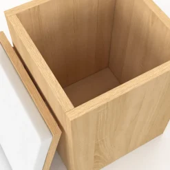 Table basse plateau relevable rectangulaire convertible en table à manger 100 cm bois et blanc avec poufs