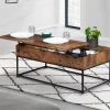Table basse plateau relevable effet bois vieilli et pieds métal