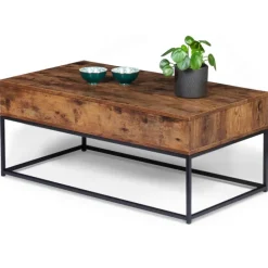Table basse plateau relevable effet bois vieilli et pieds métal