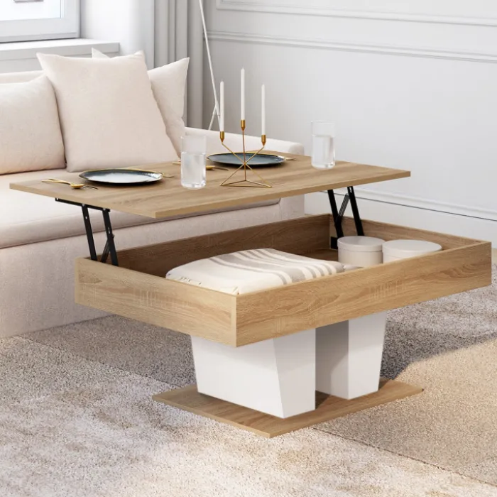 Table basse plateau relevable rectangulaire bois et blanc