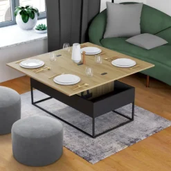 Table basse rectangulaire industrielle relevable et convertible pour manger