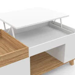 Table basse rectangulaire bois et blanc plateau relevable et coffre