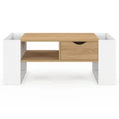 Table basse rectangulaire avec tiroir bois blanc et façon hêtre