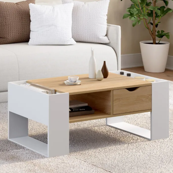 Table basse rectangulaire avec tiroir bois blanc et façon hêtre