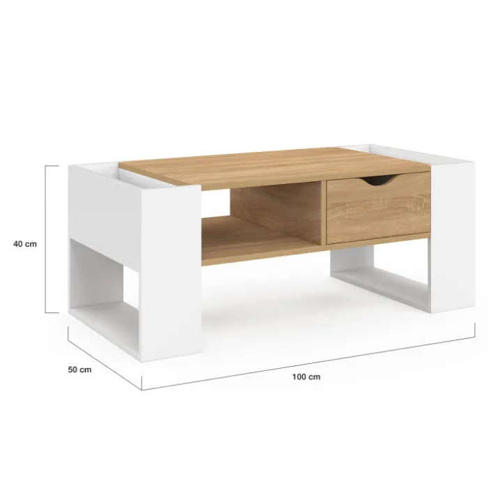 Table basse rectangulaire avec tiroir bois blanc et façon hêtre