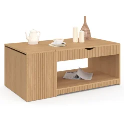 Table basse rectangulaire plateau relevable avec coffre lattes tasseau bois coloris chêne