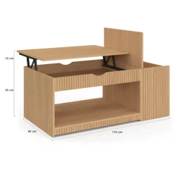 Table basse rectangulaire plateau relevable avec coffre lattes tasseau bois coloris chêne