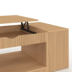 Table basse rectangulaire plateau relevable avec coffre lattes tasseau bois coloris chêne