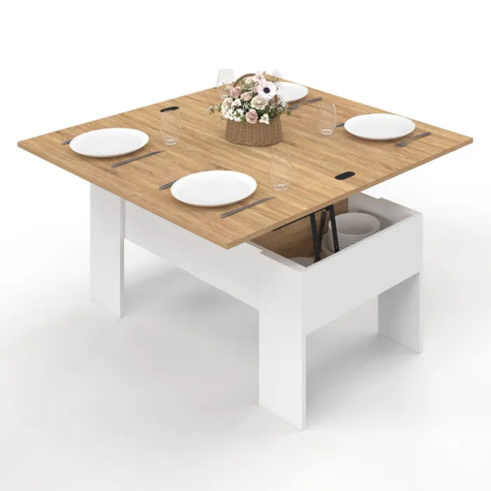 Table basse rectangulaire double plateau relevable bois imitation hêtre